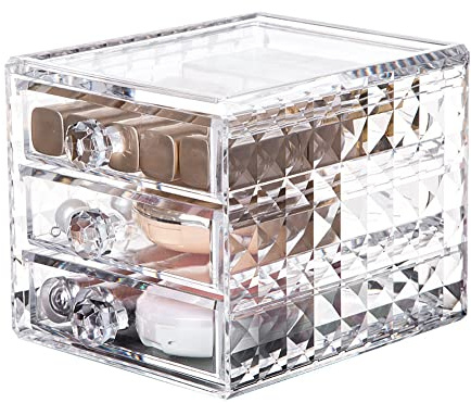 Koomuao Rangement Maquillage à 3 Tiroirs -Organisateur Maquillage Acrylique Cristal- Boîte de Rangement Compacte pour Produits de Beauté Cosmétiques Boîte à Bijoux