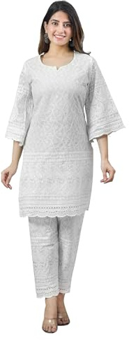 Vrnda Women's Chikankari Cotton Kurti Tunic Top Cream White Ethnic Wear L