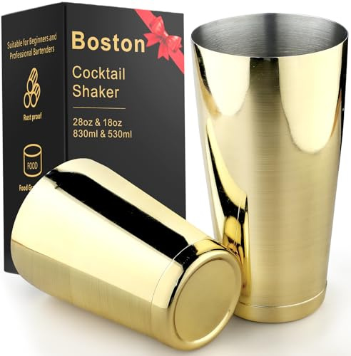 Stainless Steel Cocktail Shaker 2 Piece 18oz Unweighted & 28oz Weighted Professional Bartender Boston Shaker Drink Mixer for Bartending Essential Bar Tools (Gold)