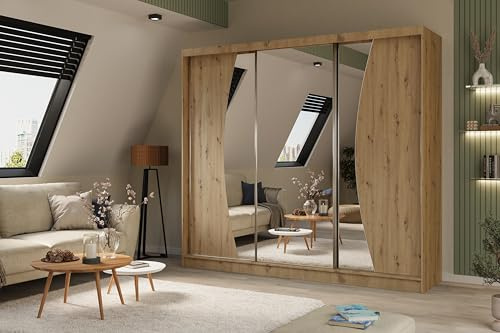 ALTDECOR Kleiderschrank mit Spiegel und Schiebetüren, kugelgelagerte Führungsschienen und Aluminium-Leisten - VOXI - 240 cm Eiche Artisan