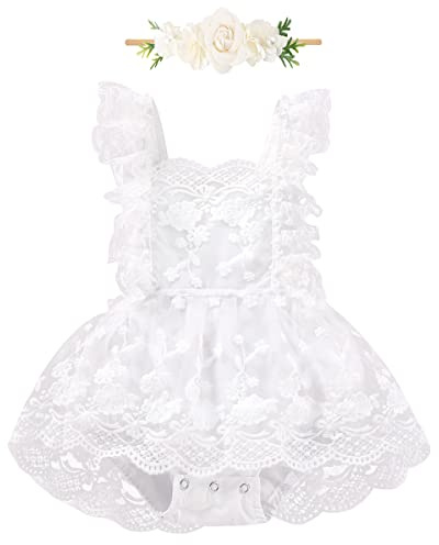 FYMNSI Nouveau-Né Bébé Filles Dentelle Barboteuse à Volants Sans Manches Body Une Pièce Princesse Body Avec Bandeau Ensemble