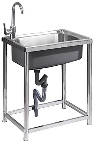Freistehendes Spülbecken, kommerzielle Spüle, Einzelschüssel, Edelstahlspüle für Waschküche, Garage, Gewerbe, drinnen und draußen, mit Wasserhahn und Abfluss-Abtropfgestell, Küche, Restaurant. (Farbe: