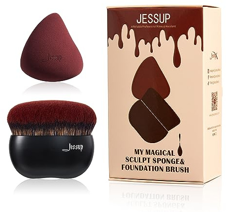 Jessup Foundation-borste med makeupsvamp, svart makeupborste Kabukiborste med platt topp för flytande blandning Stippling, T881