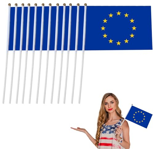 Mini drapeau à main l'Union européenne,Drapeau de pôle miniature UE,Drapeaux des UE,Mini Drapeaux UE,pour événements sportifs Memorial Day et célébrations nationales,14X21cm,10 pièces