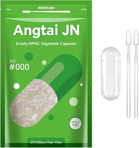 Angtai JN Capsule Vuote Vegetali Taglia 000- Chiavi Capsules per Riempimento con 2 Micro Cucchiai, Fai-Da-Te Compatibili con Dimensioni di Riempimento Capsule 000, 500 unità