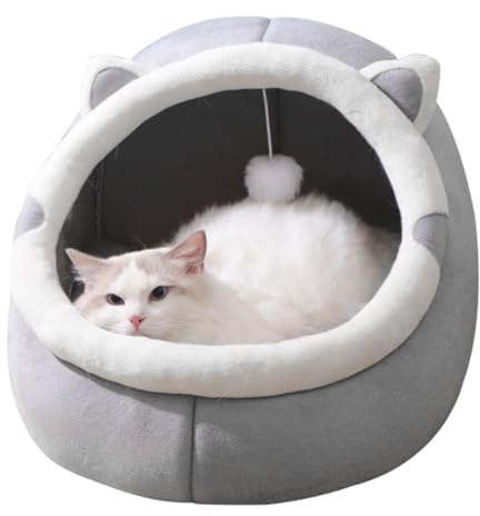 Lit pour Chat, Niche pour D'intérieur, pour Grotte De Maison, Panier pour Semi-fermé, Niche Douillette pour avec Jouet Suspendu Et Coussin Amovible Lavable Rembourré (Gris, L)