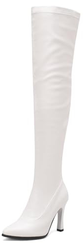 Roimaash Fashion Stretch Boots Overknee Pull on Elastic Thigh High Boots Pointed Toe Block Heels Evening Party Dress Long Boots White Plus Size 48