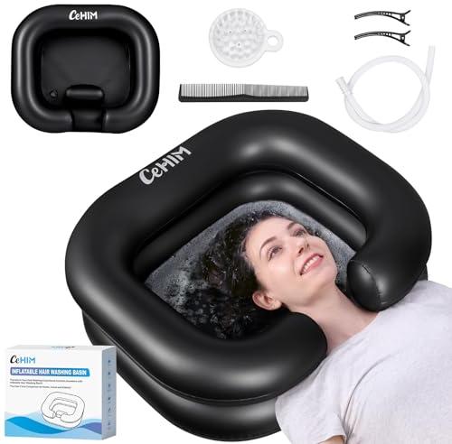 Cehim Inflatable Shampoo Basin - Portable Shampoo Bowl, Hair Washing Basin for Bedridden, Disabled,Injured, Hair Wash Tub for Dreadlocks and at Home Sink Washing (Black, 15in Inner)