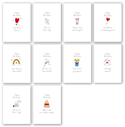 Meridian Design Geburtstagskarten, Happy Birthday Klappkarten im 10er Set mit Briefumschlag, Grusskarte zum Geburtstag, 10 Glückwunschkarten in Premium Qualität, kreative Geschenkkarten