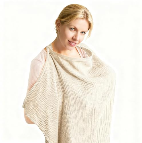 Voarge Nursing Cover for Babies, Muslin Nursing Cover, Breastfeeding Cover for On the Go Nursing Scarf Nursing Apron, Nursing Cover Cotton, Nursing Cover for Breastfeeding (Beige)