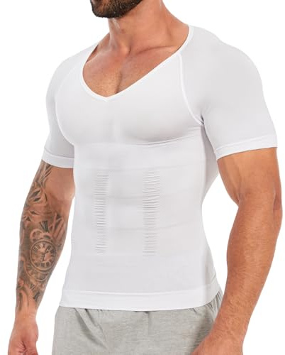 SLIMBELLE Men's Body Shaper Compression Shirt Elastic Slim Shapewear V-Neck Compression Undershirts Tummy Control Waist Trainer Compression Tops for Men White