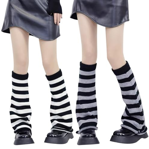 VEGCOO 2 Paia Scaldamuscoli Lavorati a Maglia per Donne e Ragazze, Inverno Scalda Muscoli Donna Gambe Calze Lunghe, Calze al Ginocchio Punk Stivali Scalda Polsini (Strisce - grigio/bianco, M)
