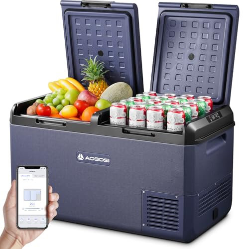 AAOBOSI Nevera Portatil: IPX4 Nevera Coche 75L, 20 °C a -20 °C Nevera 12v Compresor con Aplicación Controlar, Doble Zona Nevera Portatil Electrica para Hogar, Camping, Viajes, Pescado