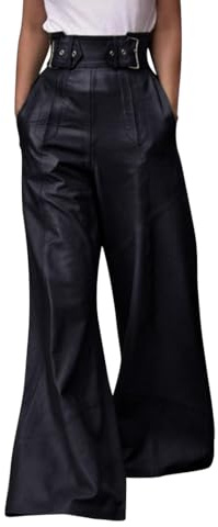 Onsoyours Pantalon en Cuir Femmes Taille Haute Vintage Mode PU Pantalon Jambes Larges Similicuir Pantalon avec Poches Ample Décontracté Outdoor Festival Sexy Pant Streetwear A Noir M