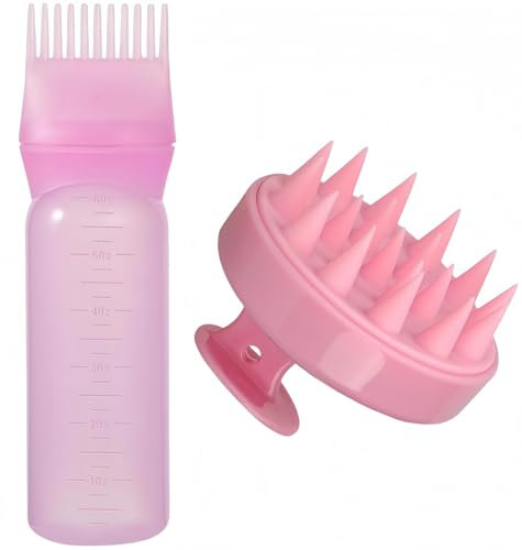 Heyumybit 2 Pezzi Applicatore Olio Capelli,Massaggiatore Cuoio Capelluto + Applicatore Tintura,Flacone a Pettine per Radici,Spazzola Massaggio Cuoio Capelluto per La Casa,Salone per Capelli(Rosa)