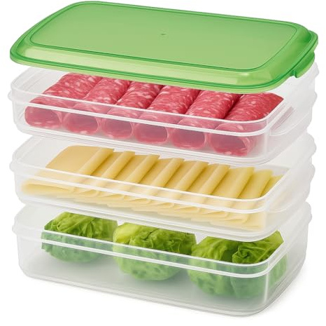 Scatole portapranzo impilabili, 3 scomparti, per frigorifero, grandi 1,5 l + 2 x 1 l, adatte al microonde e alla lavastoviglie, organizer per alimenti per gastronomia, formaggio, verdura