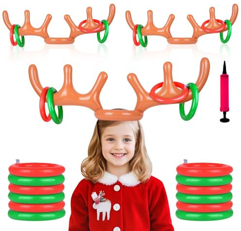 Jeu de Lancer de Bois de Renne Gonflables, Jeu de Lancer d’Anneaux Gonflables de Noël, Chapeau de Corne de Caribou Amusant, Renne de Noël Gonflable, Jeu de Fête de Noël pour Enfants et Adultes (A)