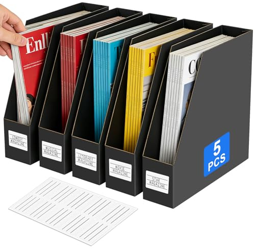 Portariviste A4, 5 Pezzi Porta Riviste,Portadocumenti da Scrivania, Realizzato in Carta Kraft Nera a 5 Strati, Con Piastre di Supporto e Etichette, per Riporre Riviste, Docs e Archiviare Ufficialmente