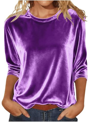 ZTFYKLIN Camiseta Camisas De Terciopelo con Mangas 3/4 para Mujer, Cuello, Blusas Dorado, Elegantes Las (Purple, XXXL) Camisa Blanca Mujer Tejana Morada Tunica Camisetas Manga Larga Basicas