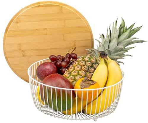 eluno Cestino per frutta, cestino per pane con coperchio in bambù (anche utilizzabile come tagliere) Fruttiera ideale per la conservazione ordinata di frutta, verdura, pane e snack, in metallo (bianco