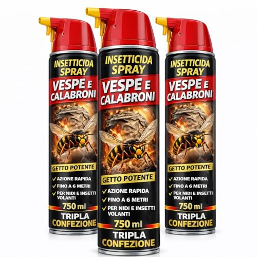 Lemag srl Insetticida Spray Vespe e Calabroni 750 ml x 3 – Gittata 5 Metri – Azione Rapida su Nidi – Permetrina e Piretro – Presidio Medico Chirurgico – Per Esterni e Interni – Made in Italy