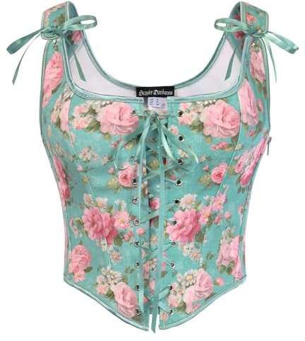 SCARLET DARKNESS Women Overbust Corset Top Lace-up Renaissance Floral Corsets Plus Size Vintage Vest Black Pink Floral Summer Crop Top UK 20