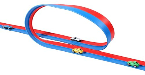 Cocoarm Pista de Carreras de Autos Pista de Carreras Flexible PVC 14.76 Pies Rojo y con 4 Autos y 4 Ventosas Enrollables para Juegos en Interiores Exteriores para Niños