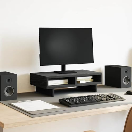 Mangloder monitorställ svart ekutseende 50 x 27 x 15 cm trämaterial med 2 fack för arbetsplats och hemmakontor, stabil skärmhöjd, kabelhantering, ergonomisk design