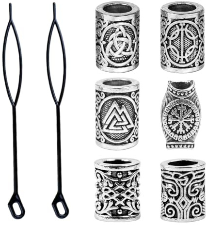 Nify 6 st skäggsmycken män skäggpärlor med hårträdare distinkt viking look, antika silver hårpärlor som hår och skäggsmycken, flätfrisyrer tillbehör, set med 2 inträdningshjälpmedel