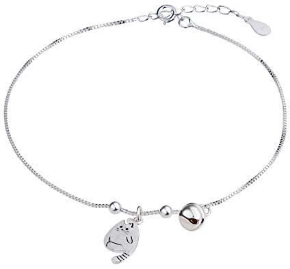 Beydodo fotsmycken fotkedjor äkta silver 925 med hänge katt klockor damer fotkedja strandkedja silver, Einheitsgröße, Sterlingsilver