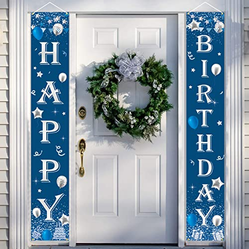 GRESATEK Geburtstagsbanner Deko, Happy Birthday Tür Banner Hintergrund für Männer und Frauen, 2 Stück Blau Geburtstags Party Veranda Dekorationen Stoff Banner