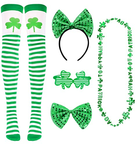 Qpout 5pcs Accessoires de la Saint-Patrick, Bandeau irlandais de la Saint-Patrick,nœud papillon,chaussette Shamrock, collier,monture de lunettes,fournitures de fête de la Saint-Patrick défilés Costume