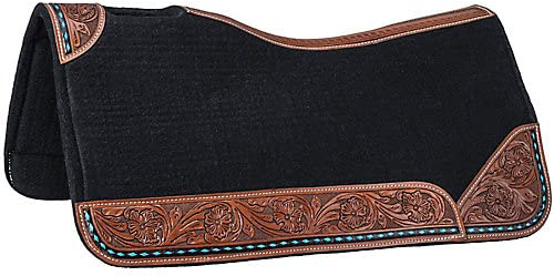 Tough 1 31-99940 Black Felt Saddle pad w/Turquoise buckstitch Tooled wear Leathers