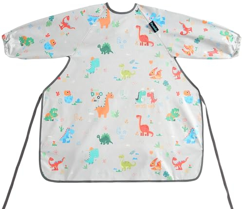 PewinGo Baby Lätzchen mit Ärmeln Hochstühle Können Vollständig Abgedeckt Werden, Wasserdicht, Leicht zu Reinigen, Maschinenwaschbar, Geeignet für Babys von 6 Monaten bis 30 Monaten-khaki
