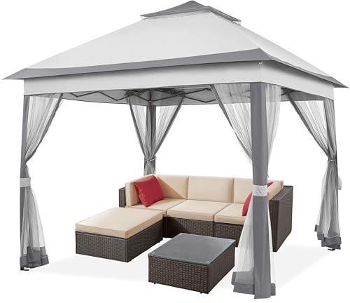 Yaheetech Pavillon 3,3x3,3m Wasserdicht Stabil Pop Up Faltpavillon, Höhenverstellbar Gartenpavillon mit 4 Moskitonetz Seitenteilen & Doppeldach Partyzelt inkl. Tragetasche, Hellgrau+Dunkelg