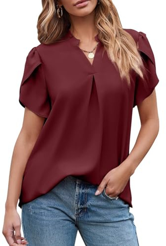 SHEKINI Dam V-ringad enfärgad chiffongblus veckad volangärmar elegant kortärmad chiffongblus tulpanärmar casual korta ärmar ledig flytande skjorta blus, Vinröd, L