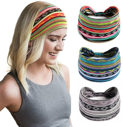 3 Stück Breites StirnbandElastisches Boho-Haarbänder Vintage Schweißband Knotted Yoga Stirnbänder Vintage stilvolle Kopfwickel Yoga Kopftücher für Frauen und Mädchen