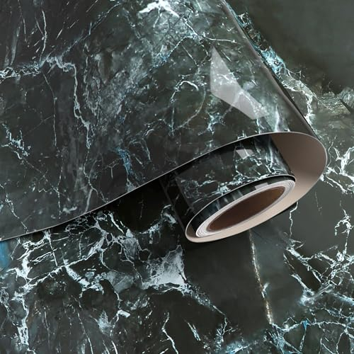 VaryPaper Dark Grey Marble Effect Self Adhesive Vinyl Wallpaper 40cmx200cm Glossy Cyan Marble Sticky Back Plastic Kitchen Worktop Vinyl Cover Marble Vinyl Wrap for Funriture Adhesive Table Cover