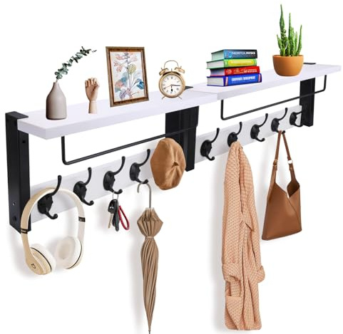 BSTHOK Mounted Coat Rack with Shelf, 44cm, Metal Hooks, Rustic Wood, for Bathroom, Bedroom, Living Room (White-2pack)