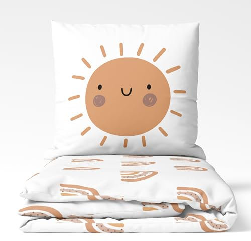 MTOnlinehandel Kinderbettwäsche Sunrise 80x80 + 135x200 · Boho Regenbogen & Sonne · kuschelig weich in Biber Flanell, 100% Baumwolle für Mädchen und Jungen, Geschenk für Kinder
