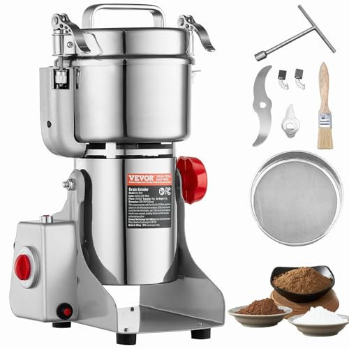 VEVOR 750g Mulino Elettrico per Cereali, Macina Spezie Commerciale Alta Velocità 2000 W, Macchina Polverizzazione in Acciaio Inox, per Cereali Secchi, Spezie, Caffè, Mais, Pepe, Tipo Oscillante