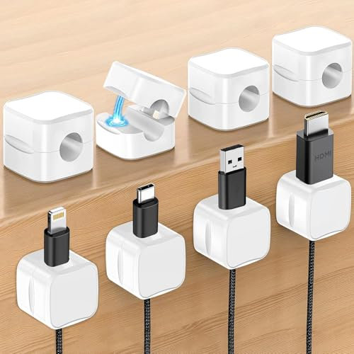 Soodyoow 8 pièces Support de câble magnétique, porte-câbles, gestion des câbles, support de chargeur, pour table de chevet, bureau, USB, câble audio, Blanc