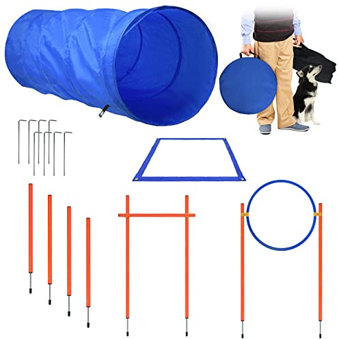 YARDIN Agility Kit d'entraînement pour chien avec tunnel pour chien, barres de slalom et anneau de saut réglable, kit d'entraînement pour animaux de compagnie pour l'entraînement d'agilité