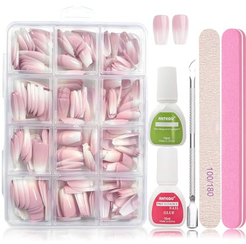 288 Stück Gradient Falsche Nägel Zum Aufkleben Kit - Mittel Rosa Ombre Koffin Nagelspitzen - Falsche Nägel Weiß Rosa Künstliche Nägel Tips für Maniküre DIY - Fake Nails für Frauen