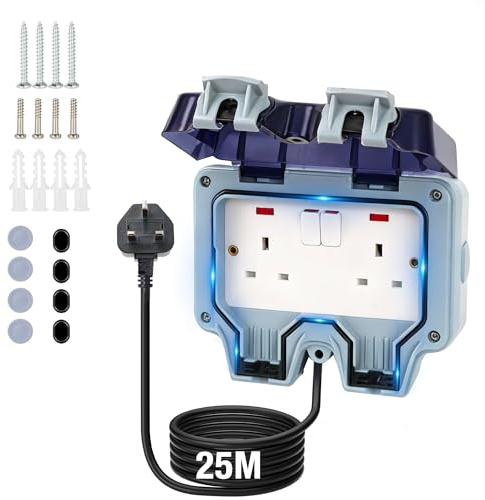 Weatherproof Outdoor Socket Waterproof Double Socket 25M Extension Lead IP66 Switched Wall Electrical Outlet 2 Gang Power Socket,Garden Outside Plug Sockets Cover Box (25m)