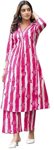 TRAFAART Cotton Kurta and Pant Set Women's A-Line Printed Kurti Co-ord Sets Indian Two Piece Outfits (Pink-3X-Large)
