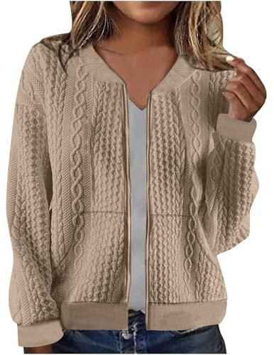 Cardigan Sweaters for Women UK Full Zip Jacket Long Sleeve Sweatshirt with Pockets Cable Knit Coat Lightweight Elegant Fall Outfits Casual Pullover Bolero Ladies Jacket Coat for Daily