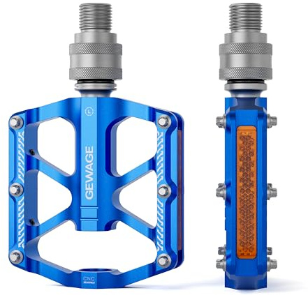 GEWAGE Pedal de liberación rápida 9/16 – Pedal Plano CNC de Aluminio Desmontable con 8 Pines Antideslizantes y reflectores para Bicicletas Plegables, Fixie y urbanas (Azul)
