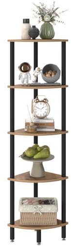 IBUYKE 5 Tier Corner Shelf Stand,Industrial Corner Display Rack,Corner Bookshelf for Living Room, Bedroom, Kitchen, Home Office, Oak WBC010K
