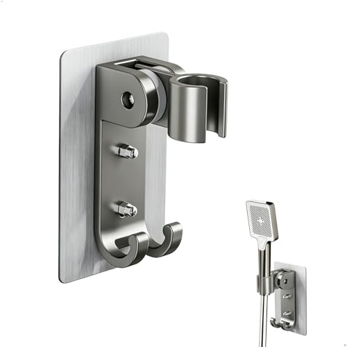 Supporto Doccia, Supporto Soffione Doccia Regolabile a 120°, Porta Doccino per Doccia con 2 Ganci, Supporto Doccia Senza Foratura, Adatto per Pareti, Bagni e Servizi Lgienici (Grigio)
